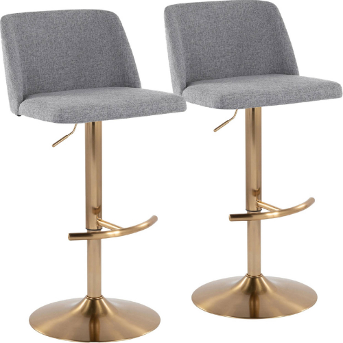 Toriano Adjustable Swivel Bar Stool in Grey Fabric & Gold (Set of 2)